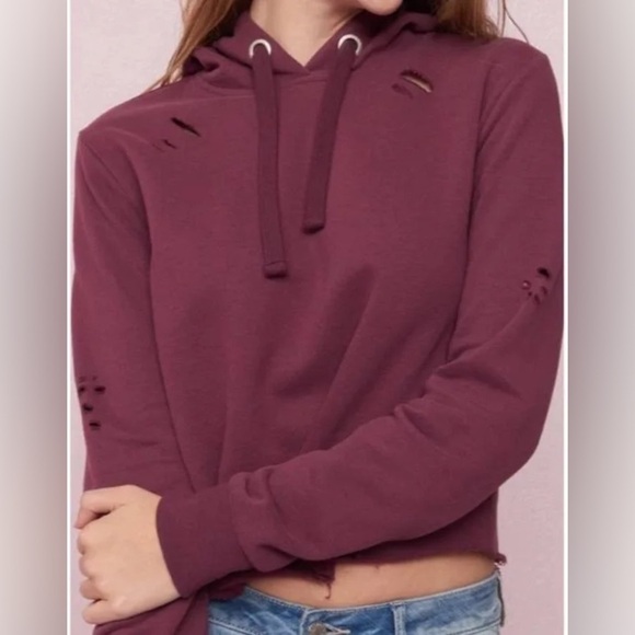 Garage Tops - Garage Women’s Burgundy Distressed Cropped Hoodie, Size XS